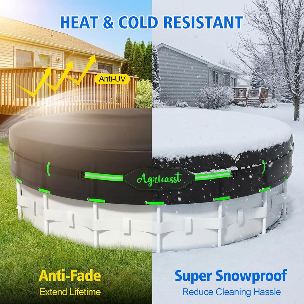 10Ft round Pool Cover for above Ground Pools, 420D Heavy Duty Solar Pool Cover with Windproof Strap Tensioner & Strips Fastener, Side Seamless Tear Resistant, Weatherproof & UV Resistant