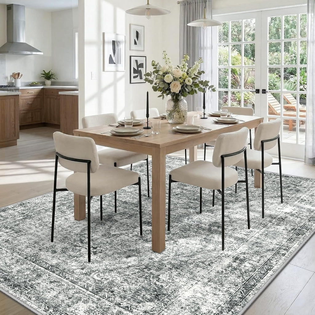 7X9 Washable Nursery Girls Low Pile Area Rug Grey | Non-Slip Soft Rugs for Bedroom Kids Playroom Living Room, Print Pattern Water Repellent Carpet Indoor Decor