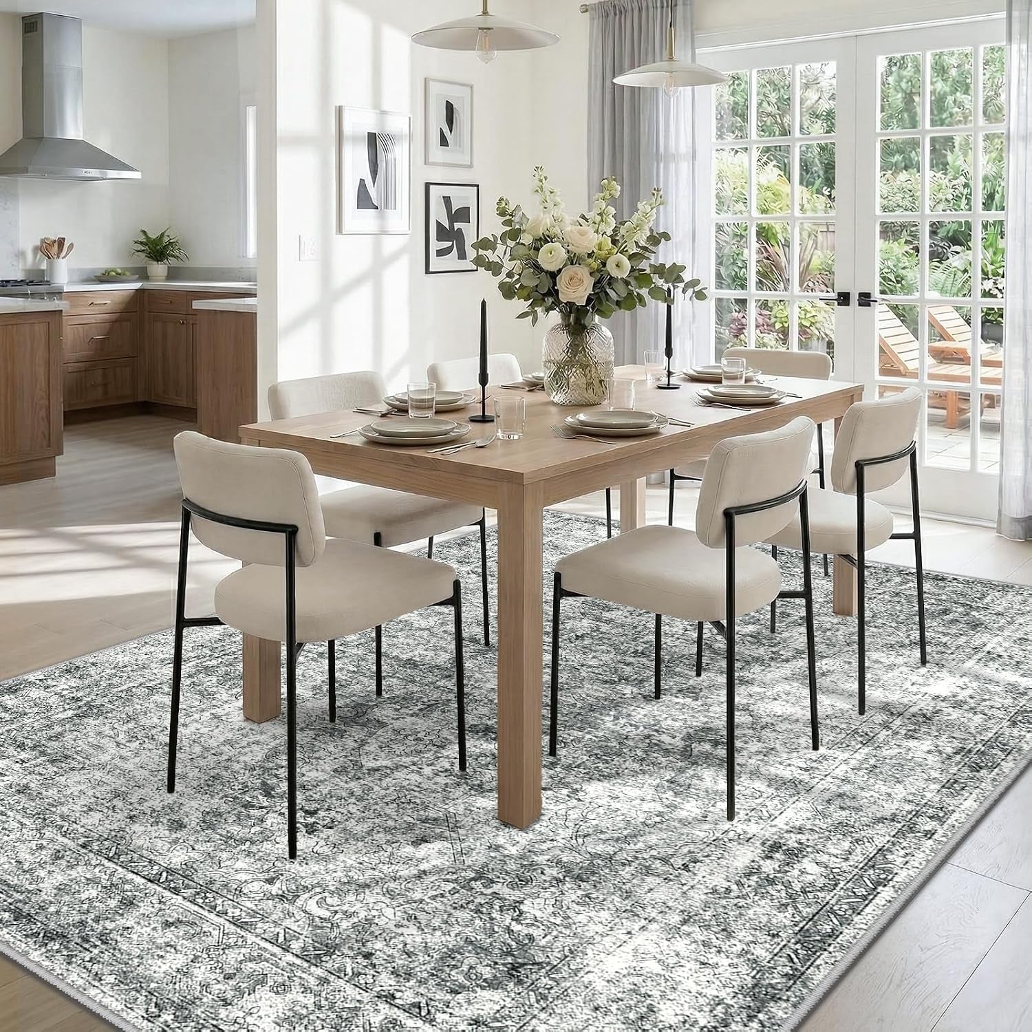 7X9 Washable Nursery Girls Low Pile Area Rug Grey | Non-Slip Soft Rugs for Bedroom Kids Playroom Living Room, Print Pattern Water Repellent Carpet Indoor Decor