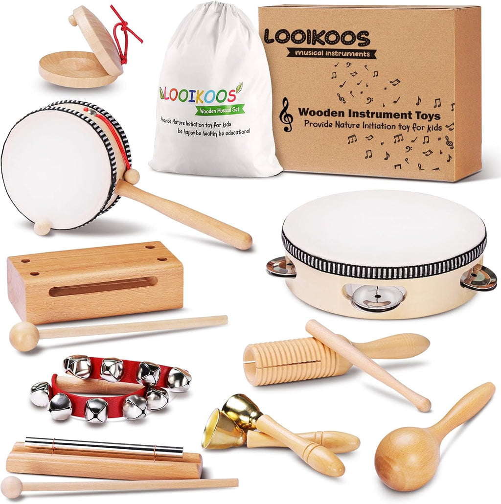 Toddler Musical Instruments Montessori Natural Wooden Percussion Instruments for Kids Preschool Educational Musical Toys Set for Boys and Girls with Storage Bag