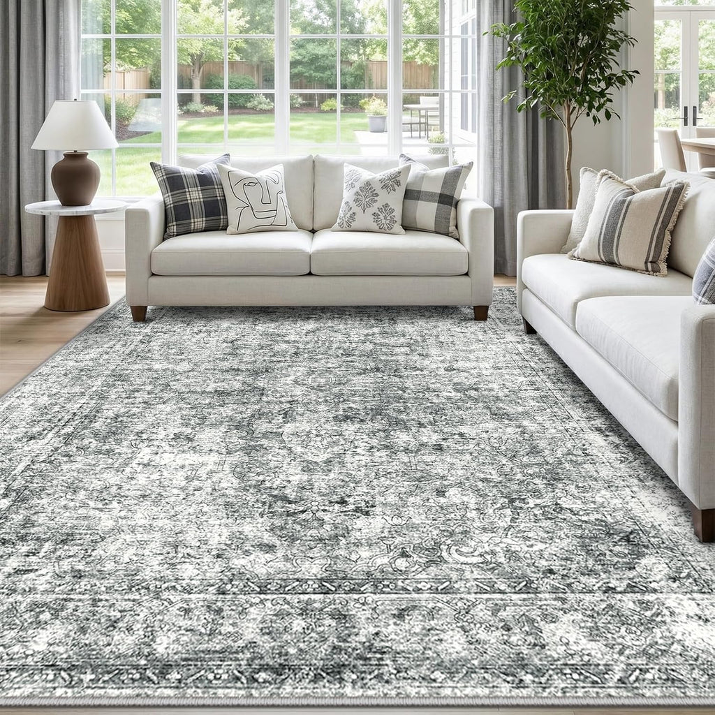 7X9 Washable Nursery Girls Low Pile Area Rug Grey | Non-Slip Soft Rugs for Bedroom Kids Playroom Living Room, Print Pattern Water Repellent Carpet Indoor Decor