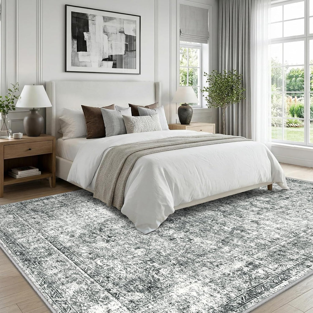 7X9 Washable Nursery Girls Low Pile Area Rug Grey | Non-Slip Soft Rugs for Bedroom Kids Playroom Living Room, Print Pattern Water Repellent Carpet Indoor Decor