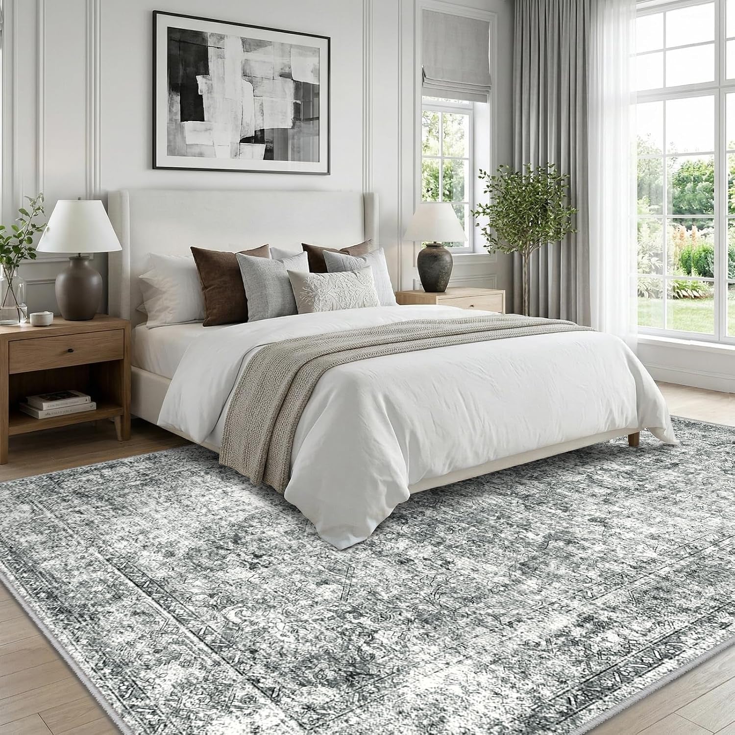 7X9 Washable Nursery Girls Low Pile Area Rug Grey | Non-Slip Soft Rugs for Bedroom Kids Playroom Living Room, Print Pattern Water Repellent Carpet Indoor Decor
