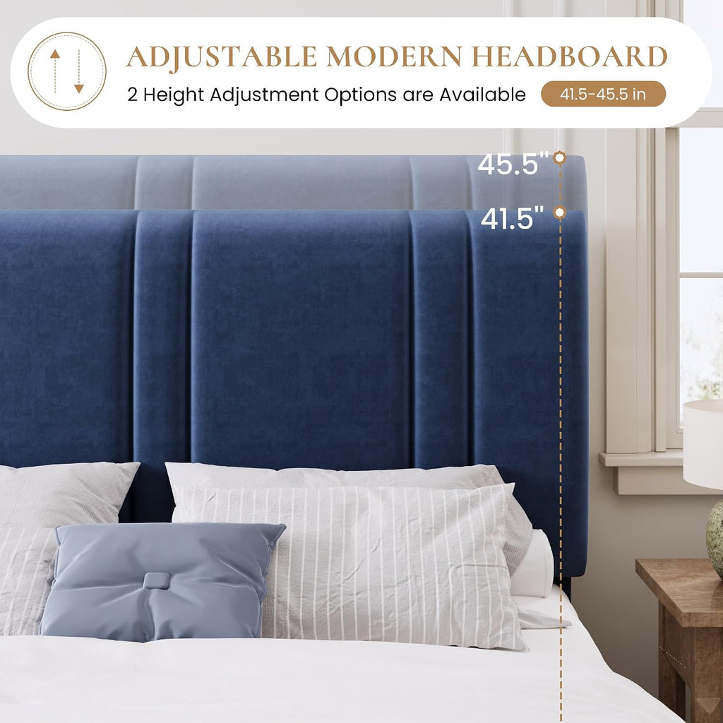 King Size Velvet Bed Frame with Adjustable Headboard, Blue | Vertical Channel Tufted Design, Upholstered Platform Bed, Wood Slats Support/No Box Spring Needed/Easy Assembly