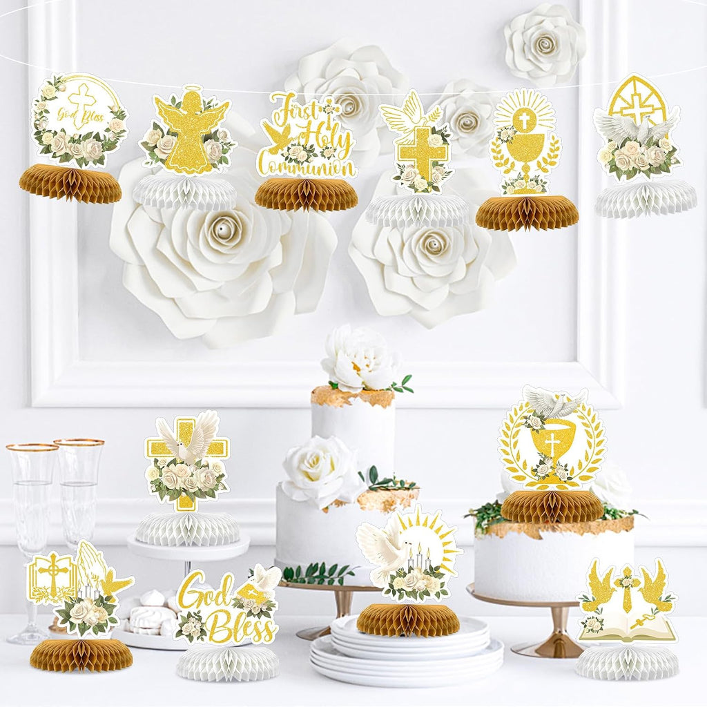 12 Pcs First Communion Decoration Baptism Party Honeycomb Centerpieces God Bless Cross Table Toppers for Baptism Themed Birthday Baby Shower Supplies (Holy Communion)