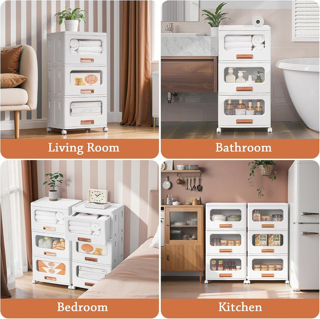 Plastic Storage Cabinet with Drawers, Stackable Storage Bins with Wheels, Waterproof Bathroom Storage Organizer, Multi-Tier Storage Drawers for Bedroom, Living Room, Kitchen, Medium 2-Tier