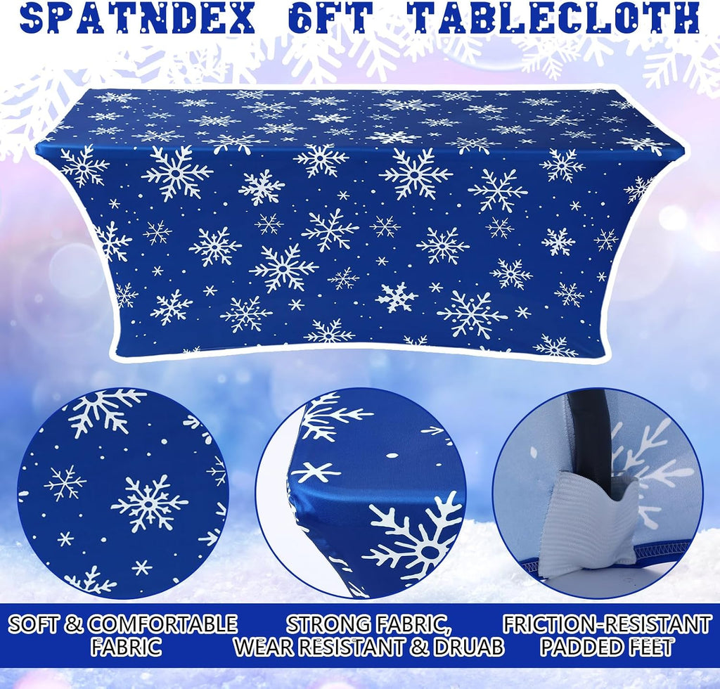 2 Pcs Winter Snowflake Stretch Table Cover 6 Feet Snowflake Xmas Spandex Table Clothes Party Decorations for Holiday Party Celebration Picnic Dinner Decor