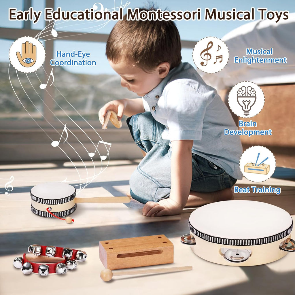 Toddler Musical Instruments Montessori Natural Wooden Percussion Instruments for Kids Preschool Educational Musical Toys Set for Boys and Girls with Storage Bag