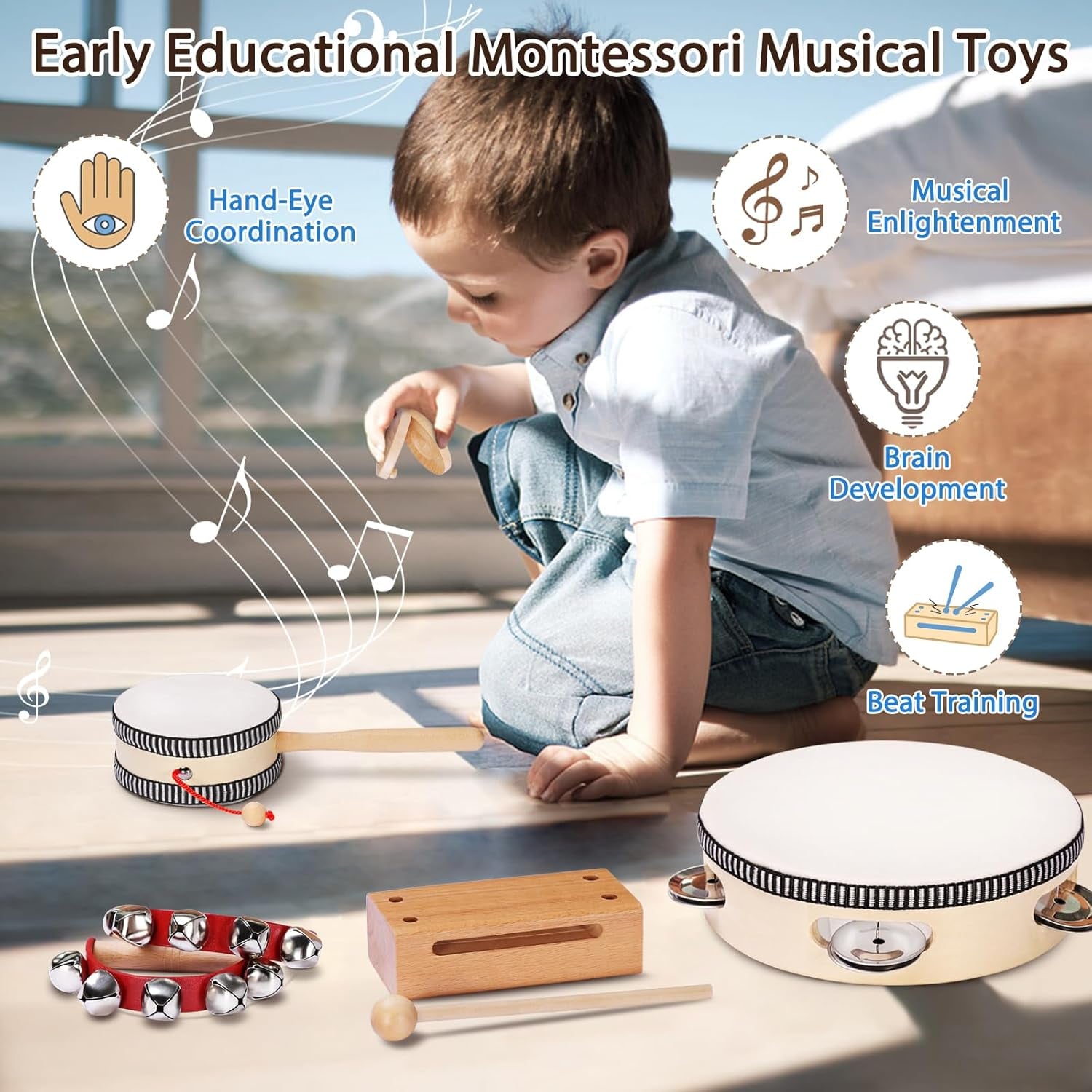Toddler Musical Instruments Montessori Natural Wooden Percussion Instruments for Kids Preschool Educational Musical Toys Set for Boys and Girls with Storage Bag