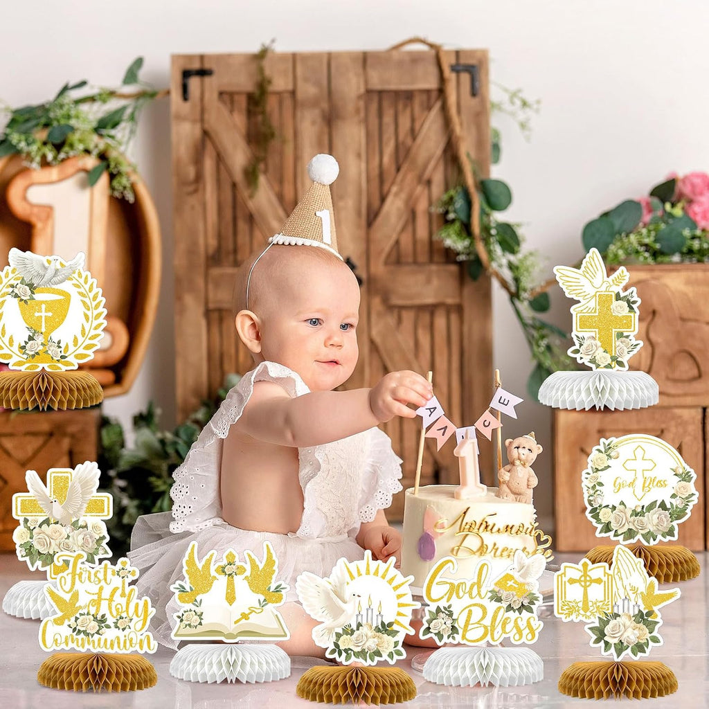 12 Pcs First Communion Decoration Baptism Party Honeycomb Centerpieces God Bless Cross Table Toppers for Baptism Themed Birthday Baby Shower Supplies (Holy Communion)