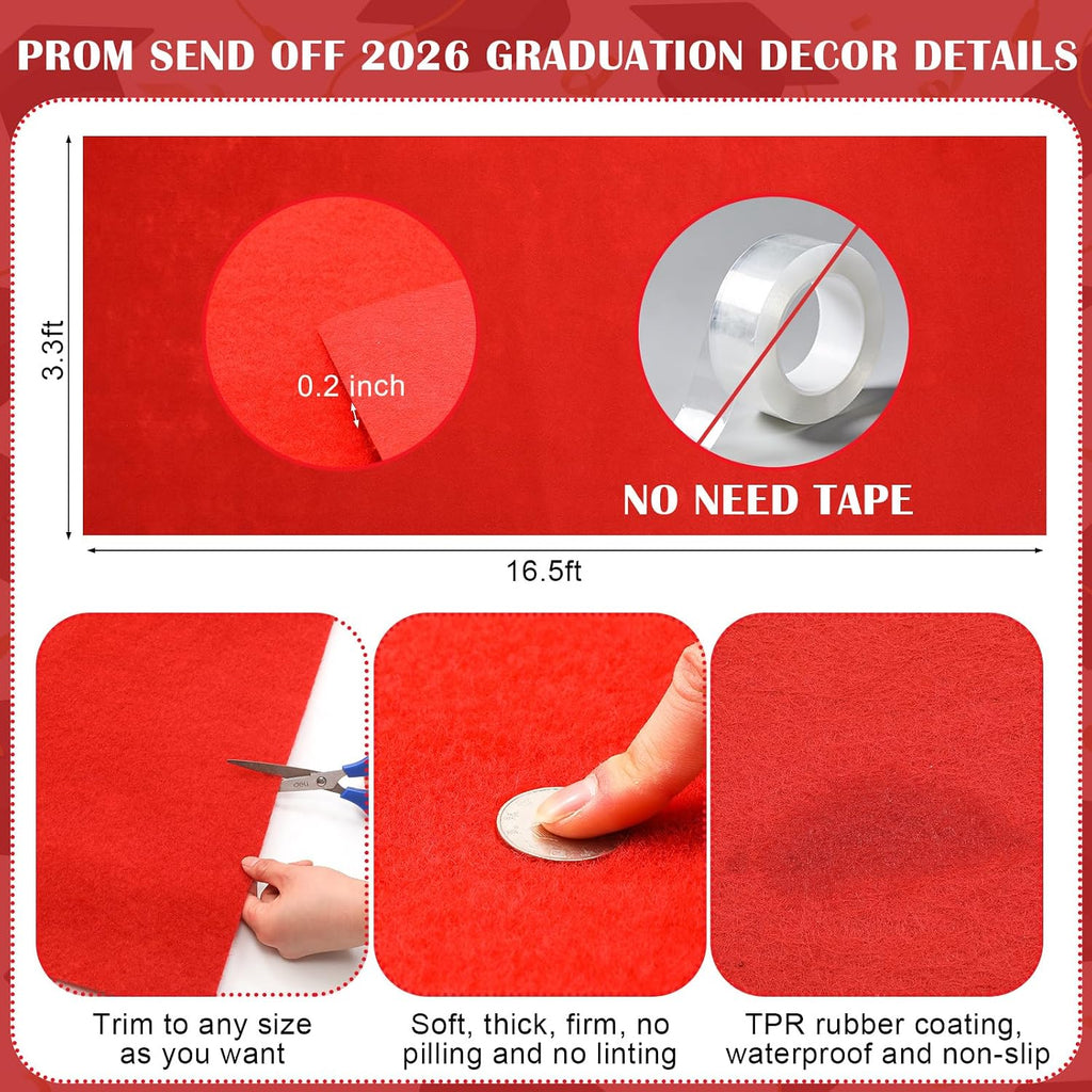 4 Set Prom Send off 2026 with Carpet Runner Stainless Steel Stanchion 7 X 5 Ft Class of 2026 Prom Background 3.3 X 16.5 Ft Carpet Runner Velvet Ropes for Graduation Party Decoration(Red)