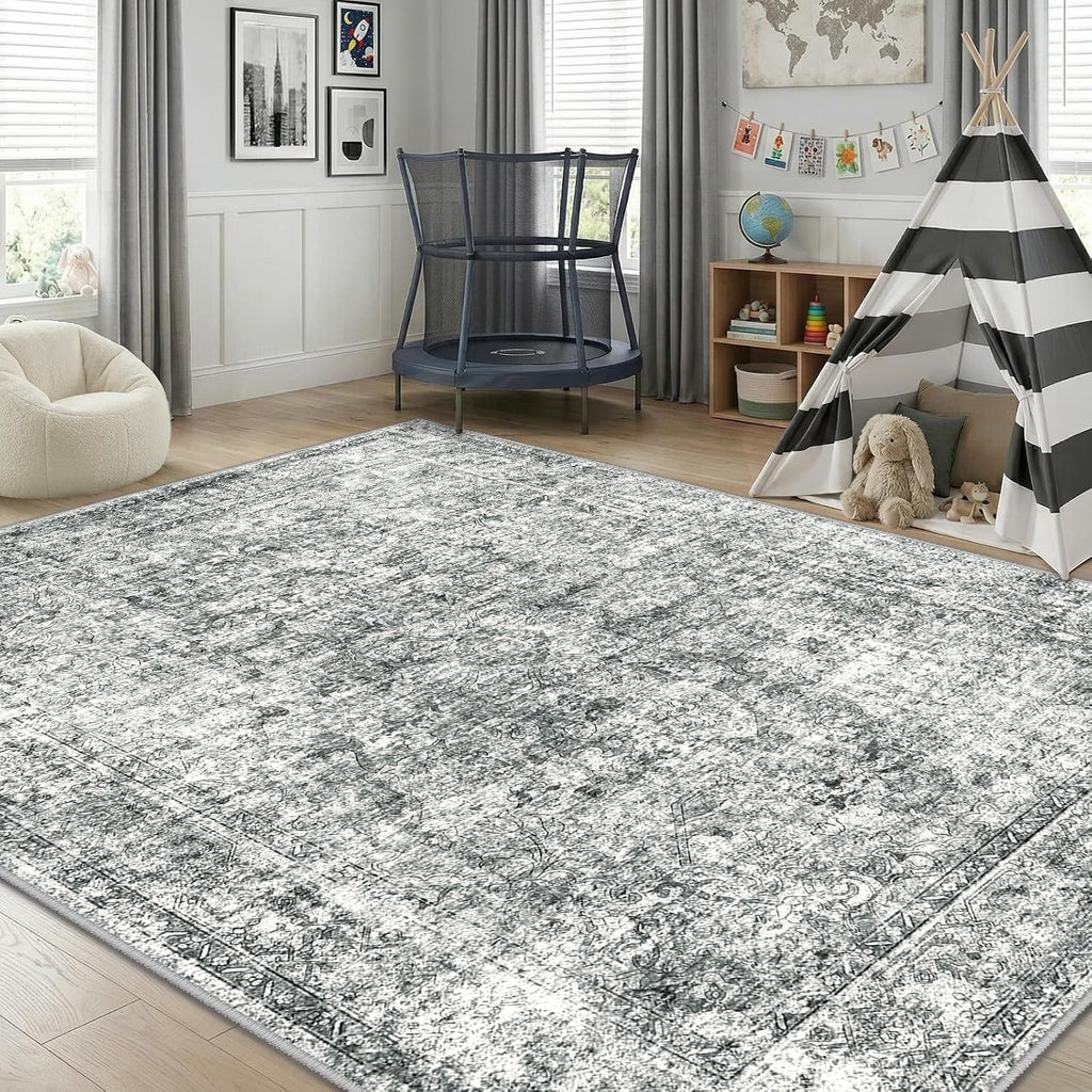 7X9 Washable Nursery Girls Low Pile Area Rug Grey | Non-Slip Soft Rugs for Bedroom Kids Playroom Living Room, Print Pattern Water Repellent Carpet Indoor Decor
