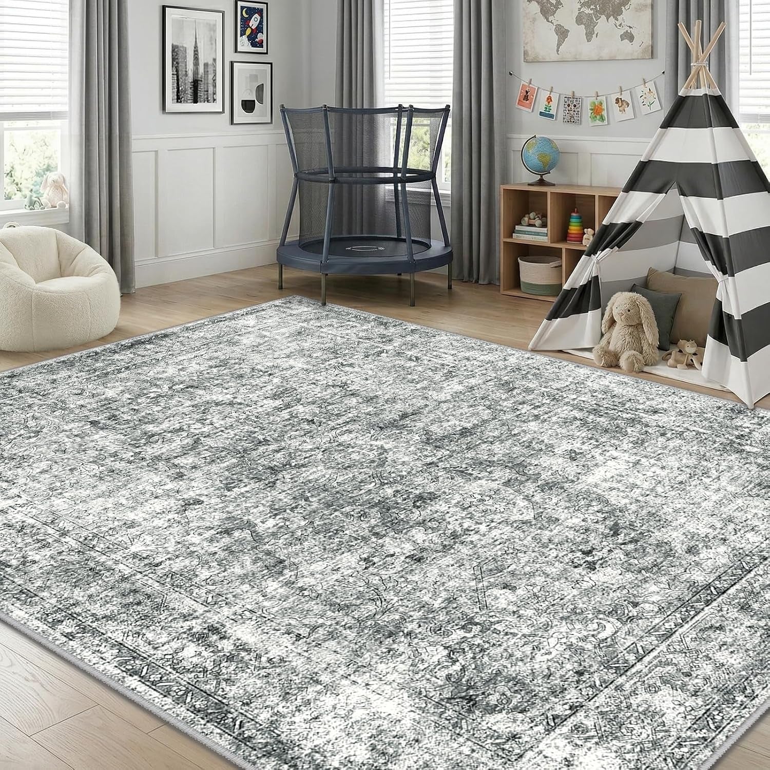 7X9 Washable Nursery Girls Low Pile Area Rug Grey | Non-Slip Soft Rugs for Bedroom Kids Playroom Living Room, Print Pattern Water Repellent Carpet Indoor Decor