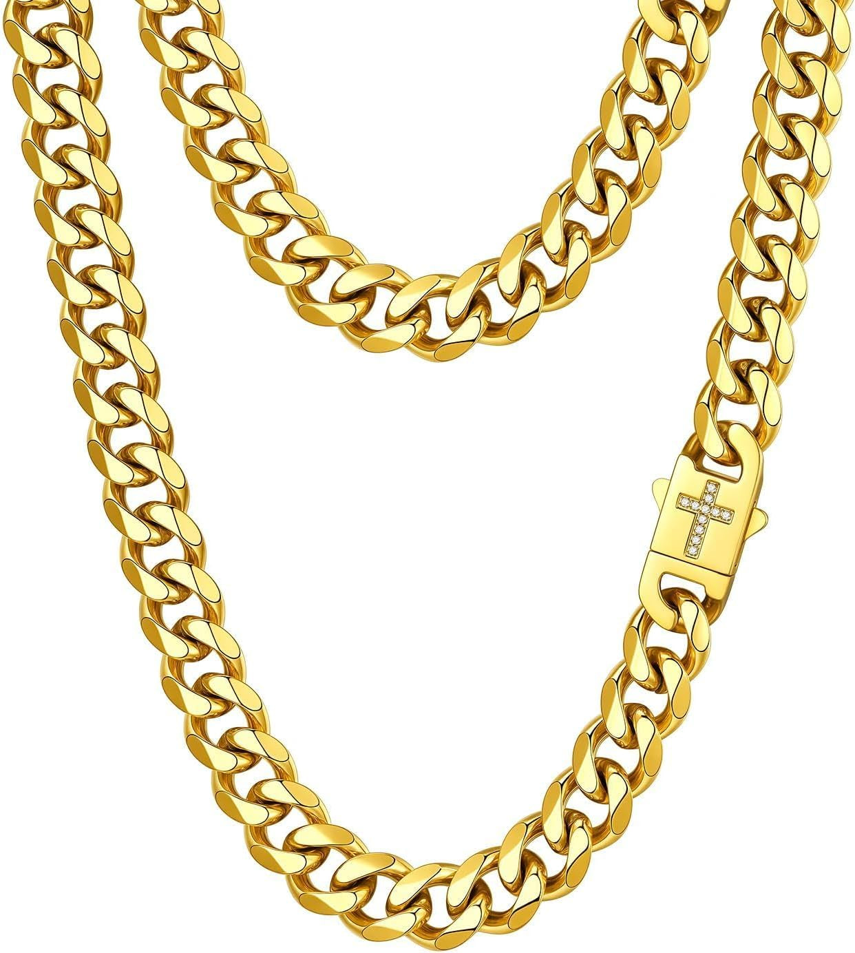 Mens Cuban Link Chain Necklace 6/9/12Mm, 18-30Inch, Stainless Steel/Black/Gold Plated with Blinged Out Cross Clasp, Hip Hop Chunky Jewelry for Men