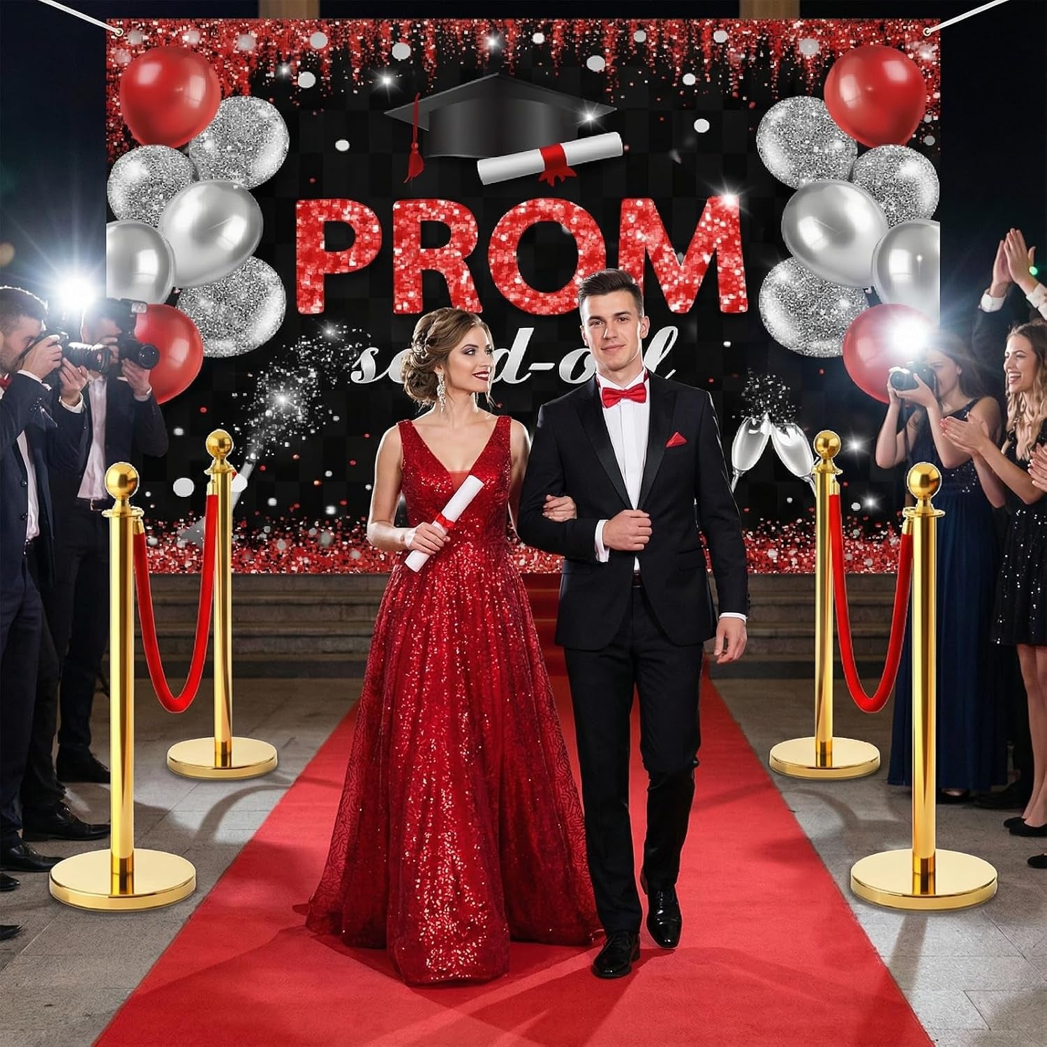 4 Set Prom Send off 2026 with Carpet Runner Stainless Steel Stanchion 7 X 5 Ft Class of 2026 Prom Background 3.3 X 16.5 Ft Carpet Runner Velvet Ropes for Graduation Party Decoration(Red)