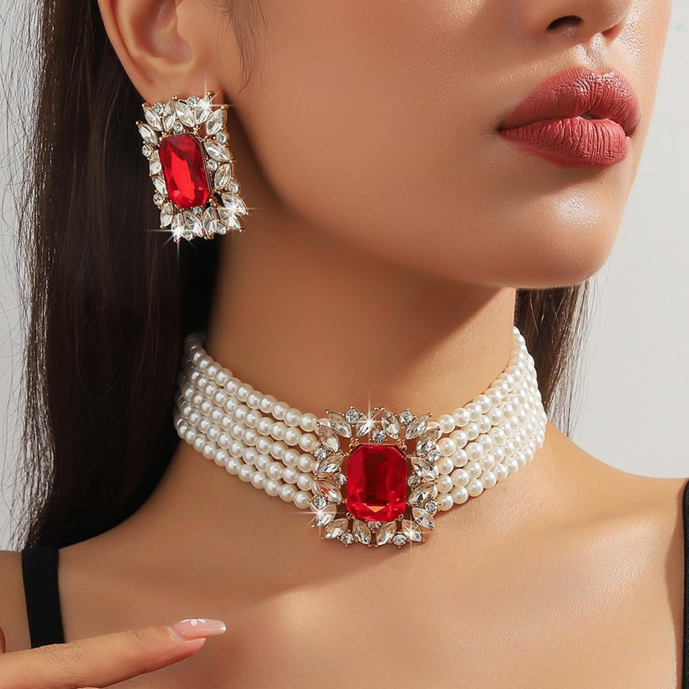 Fashion 1920S Bride Silver Black Green Bridal Layered Crystal Faux Pearls Necklace Earrings Set Crystal Large Wedding Jewelry Set Black Rhinestone Choker Necklace for Women