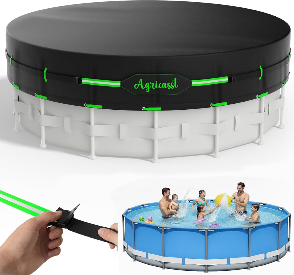 10Ft round Pool Cover for above Ground Pools, 420D Heavy Duty Solar Pool Cover with Windproof Strap Tensioner & Strips Fastener, Side Seamless Tear Resistant, Weatherproof & UV Resistant