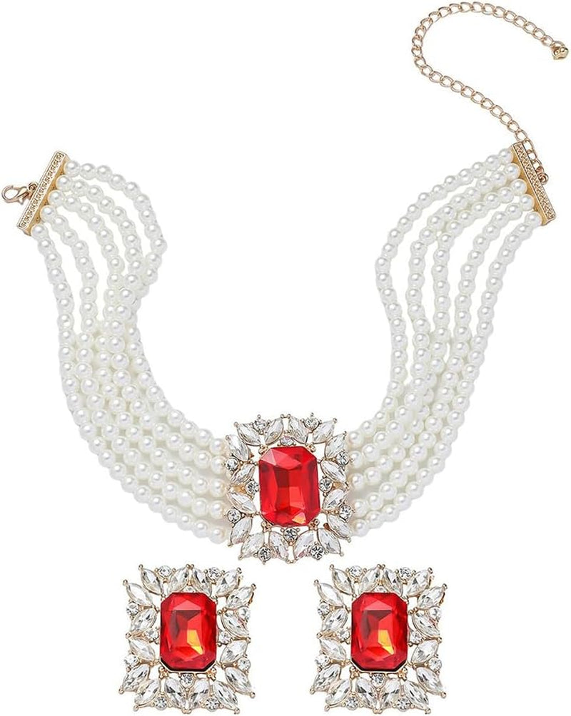 Fashion 1920S Bride Silver Black Green Bridal Layered Crystal Faux Pearls Necklace Earrings Set Crystal Large Wedding Jewelry Set Black Rhinestone Choker Necklace for Women