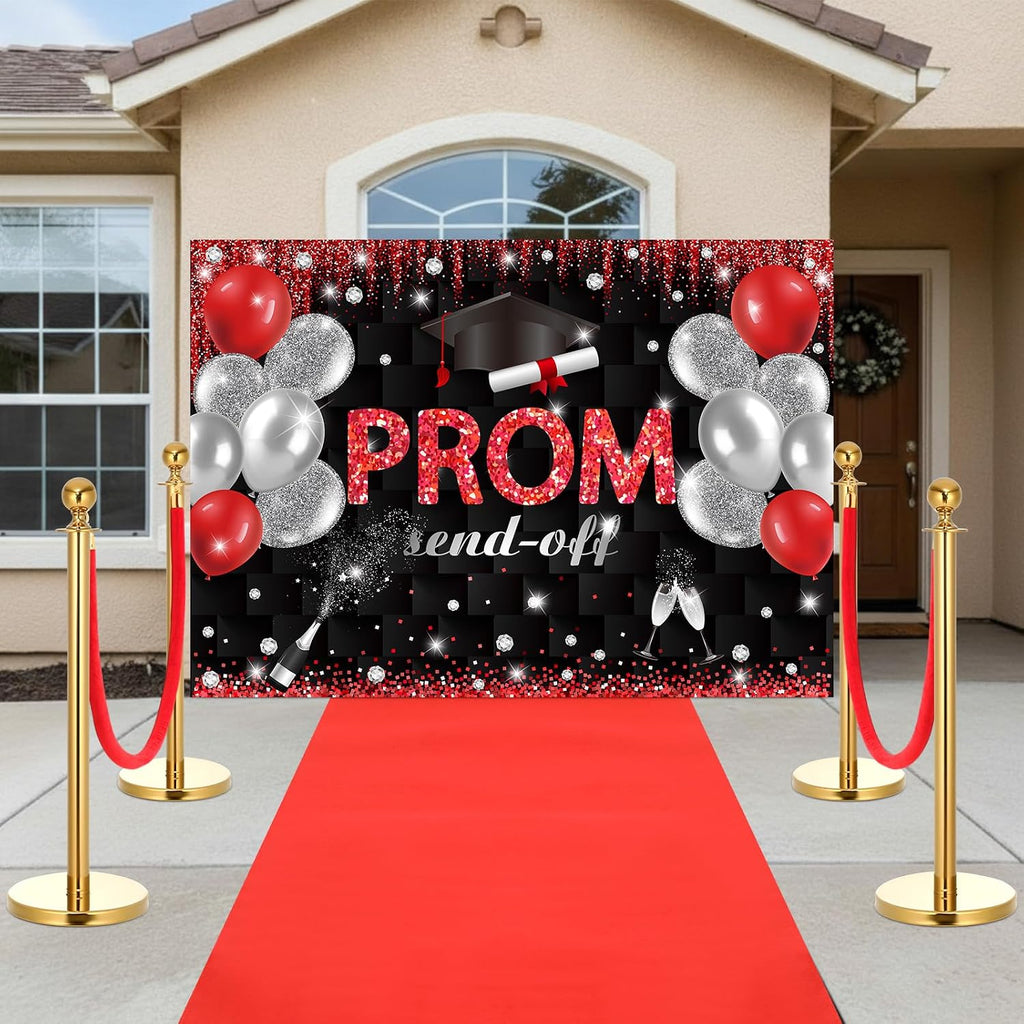 4 Set Prom Send off 2026 with Carpet Runner Stainless Steel Stanchion 7 X 5 Ft Class of 2026 Prom Background 3.3 X 16.5 Ft Carpet Runner Velvet Ropes for Graduation Party Decoration(Red)