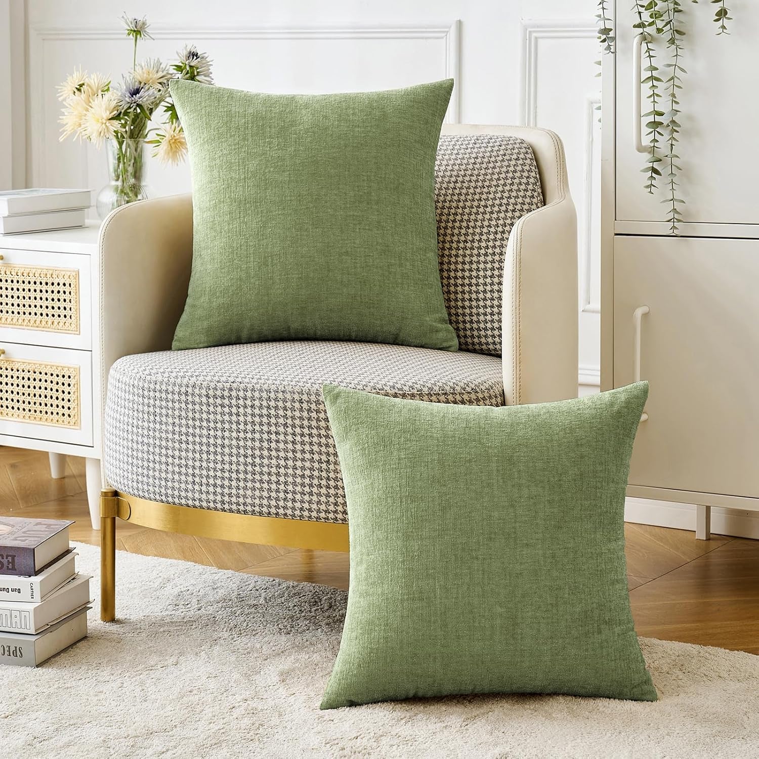 Pack of 2 Couch Throw Pillow Covers 18X18 Inch Spring Soft Sage Green Chenille Pillow Covers for Sofa Living Room Solid Dyed Pillow Cases