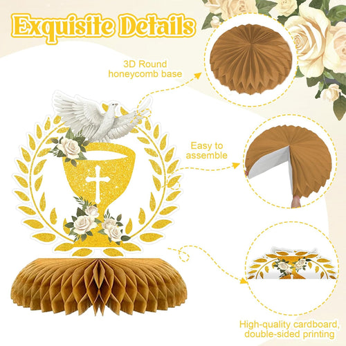 12 Pcs First Communion Decoration Baptism Party Honeycomb Centerpieces God Bless Cross Table Toppers for Baptism Themed Birthday Baby Shower Supplies (Holy Communion)