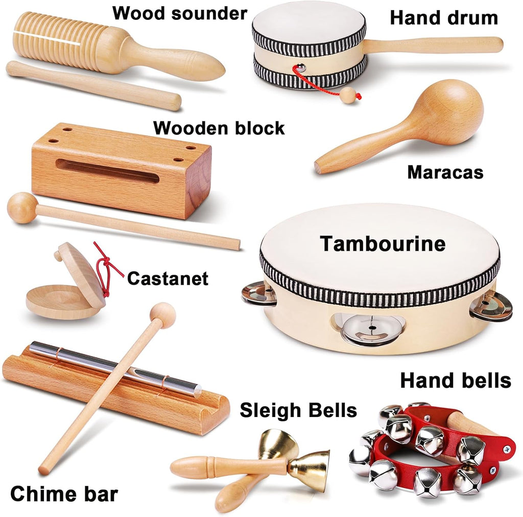 Toddler Musical Instruments Montessori Natural Wooden Percussion Instruments for Kids Preschool Educational Musical Toys Set for Boys and Girls with Storage Bag