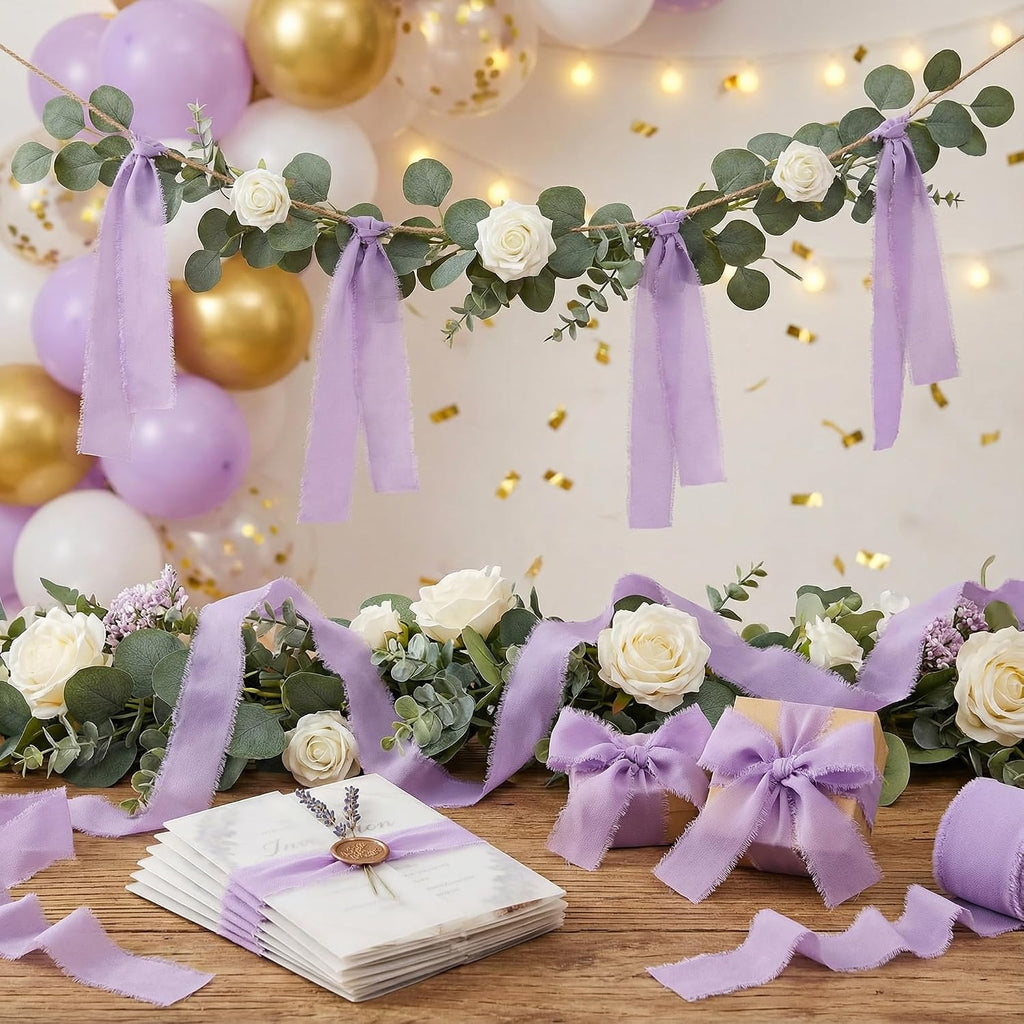 Handmade Chiffon Ribbon 1.5 Inch Wide, 3 Rolls 21 Yards, Lavender Frayed Edge Fabric Ribbon for Wedding Styling, Floral Arrangements, Gift Wrapping & Decorative Crafts(Lavender)