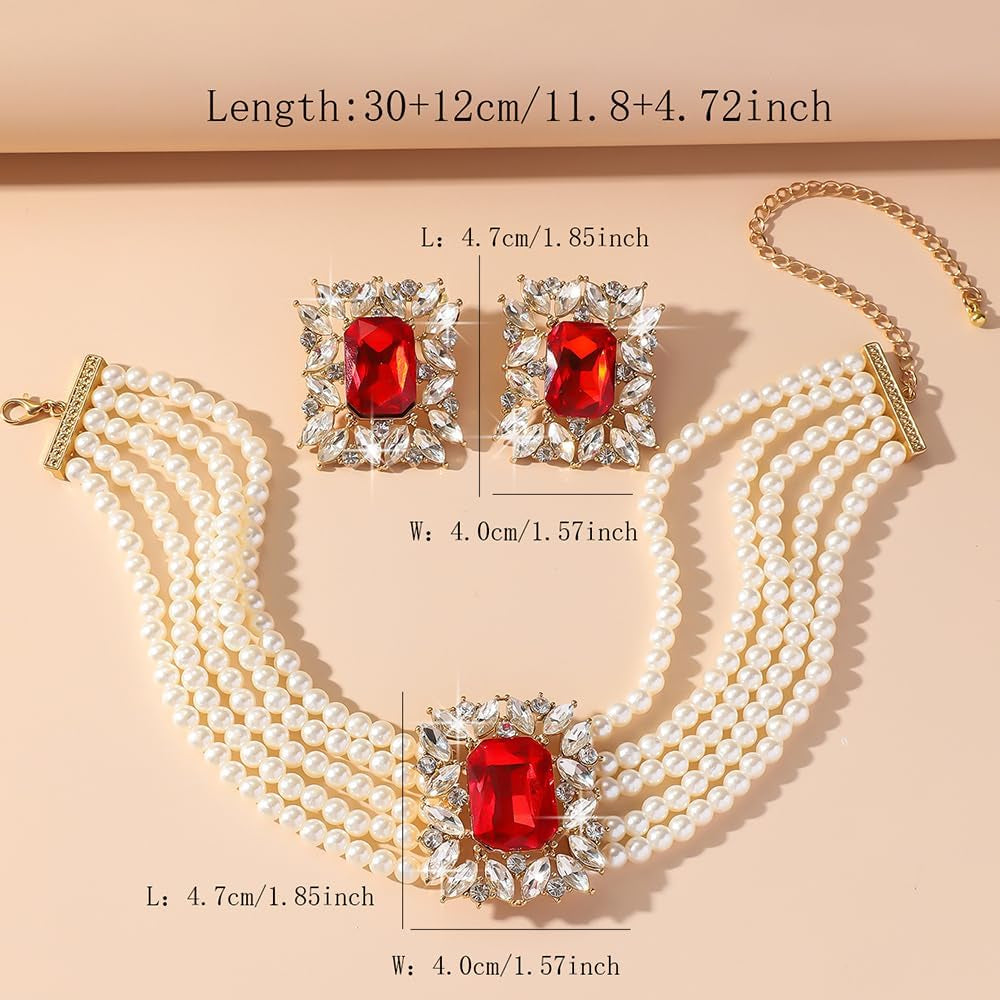 Fashion 1920S Bride Silver Black Green Bridal Layered Crystal Faux Pearls Necklace Earrings Set Crystal Large Wedding Jewelry Set Black Rhinestone Choker Necklace for Women