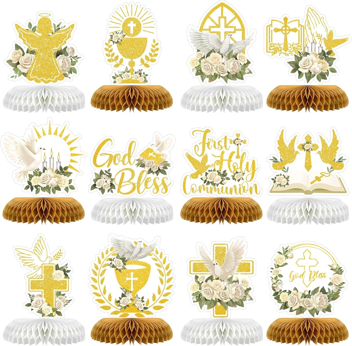 12 Pcs First Communion Decoration Baptism Party Honeycomb Centerpieces God Bless Cross Table Toppers for Baptism Themed Birthday Baby Shower Supplies (Holy Communion)