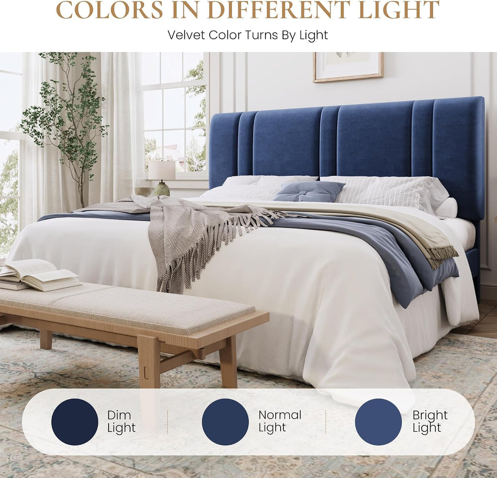 King Size Velvet Bed Frame with Adjustable Headboard, Blue | Vertical Channel Tufted Design, Upholstered Platform Bed, Wood Slats Support/No Box Spring Needed/Easy Assembly