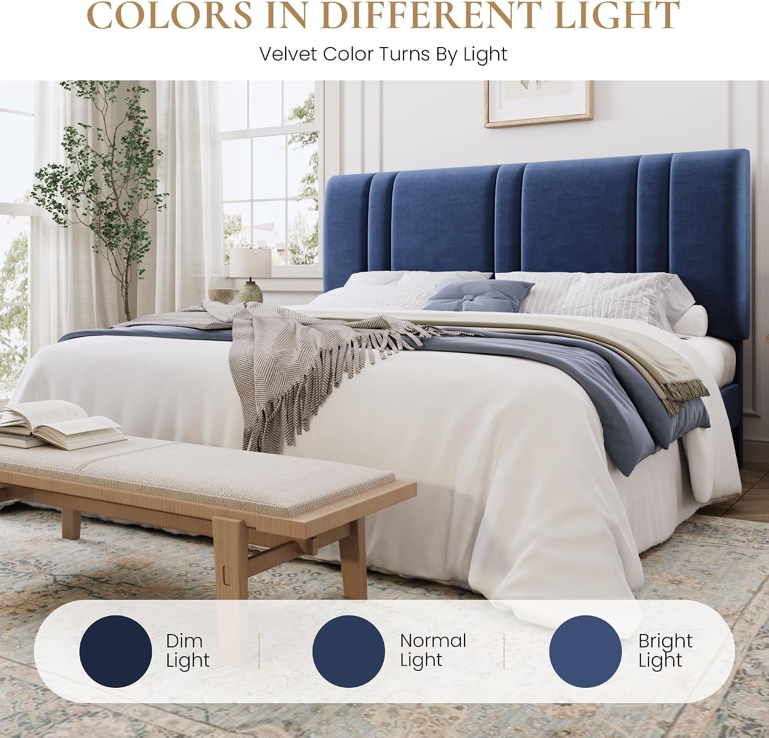 King Size Velvet Bed Frame with Adjustable Headboard, Blue | Vertical Channel Tufted Design, Upholstered Platform Bed, Wood Slats Support/No Box Spring Needed/Easy Assembly