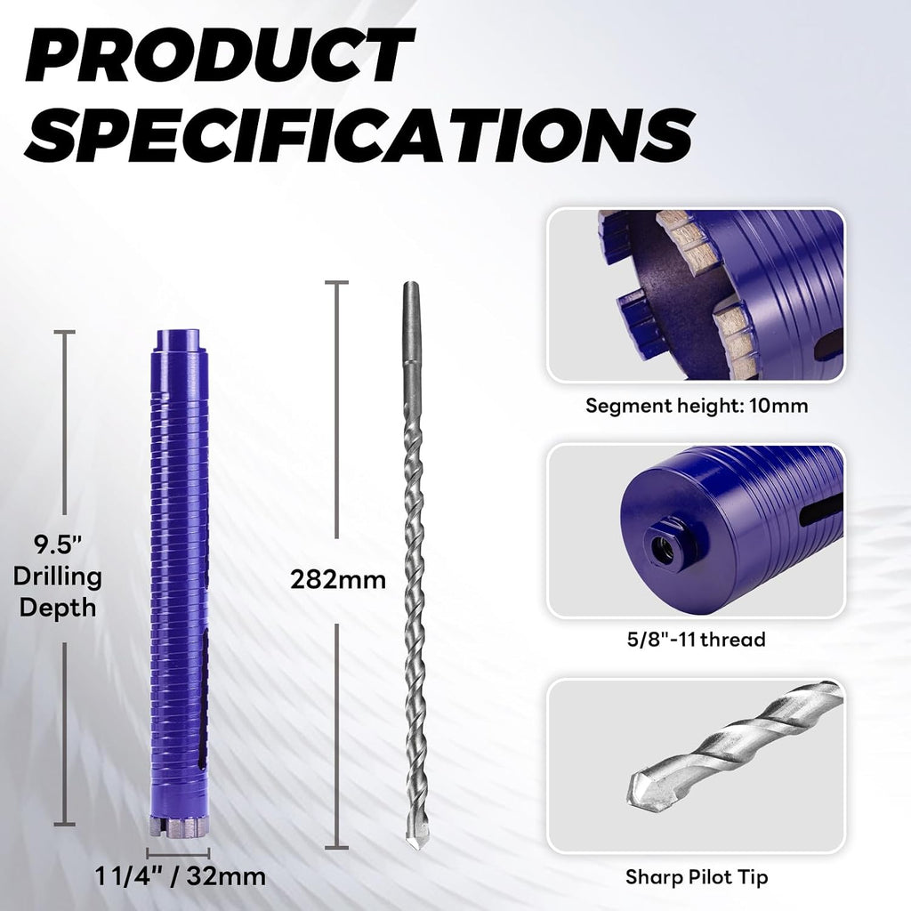 1-1/4" Core Drill Bit with Pilot Bit & Adapters(Sds plus and 1/2" Hex), 5/8"-11 Thread, 9.5" Depth, Upgraded-Welded Segments Diamond Core Bits for Concrete, Masonry, Brick, Stone