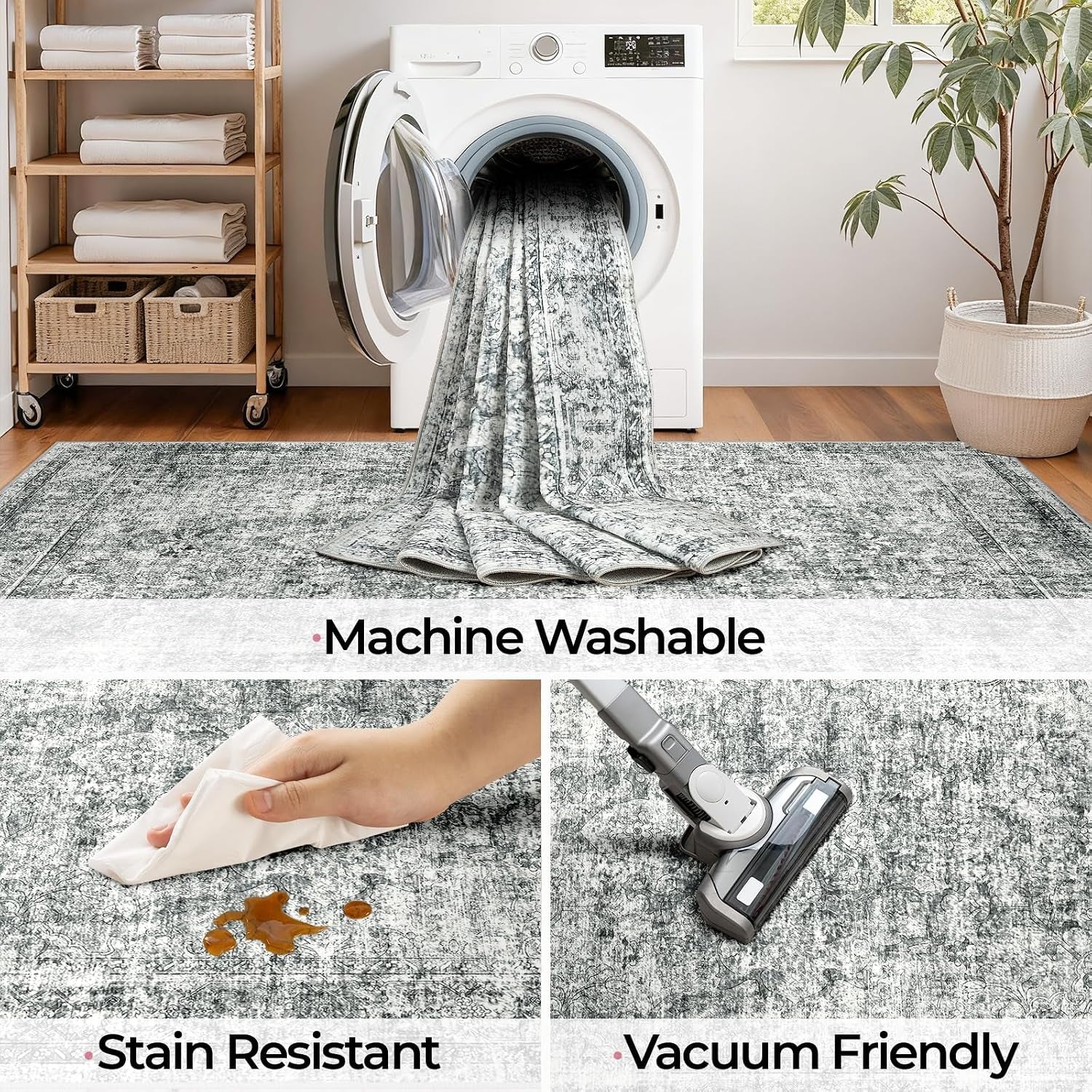 7X9 Washable Nursery Girls Low Pile Area Rug Grey | Non-Slip Soft Rugs for Bedroom Kids Playroom Living Room, Print Pattern Water Repellent Carpet Indoor Decor