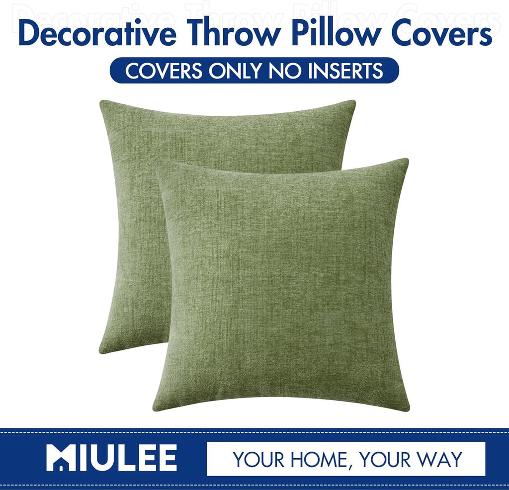 Pack of 2 Couch Throw Pillow Covers 18X18 Inch Spring Soft Sage Green Chenille Pillow Covers for Sofa Living Room Solid Dyed Pillow Cases