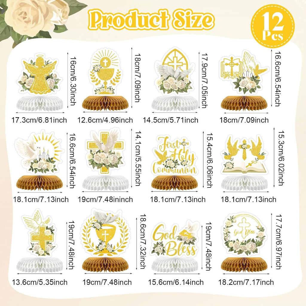 12 Pcs First Communion Decoration Baptism Party Honeycomb Centerpieces God Bless Cross Table Toppers for Baptism Themed Birthday Baby Shower Supplies (Holy Communion)
