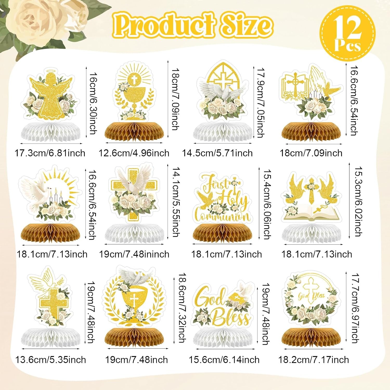 12 Pcs First Communion Decoration Baptism Party Honeycomb Centerpieces God Bless Cross Table Toppers for Baptism Themed Birthday Baby Shower Supplies (Holy Communion)