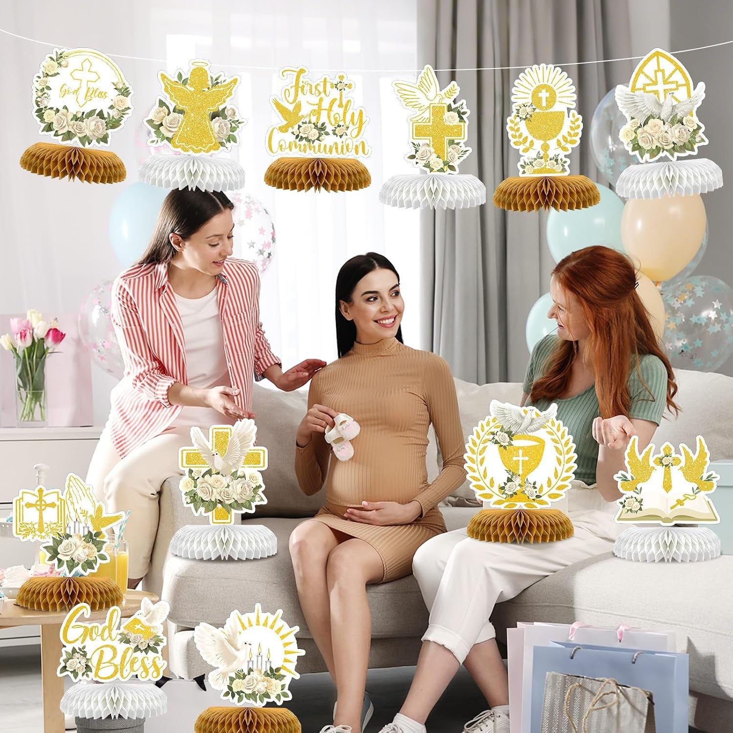 12 Pcs First Communion Decoration Baptism Party Honeycomb Centerpieces God Bless Cross Table Toppers for Baptism Themed Birthday Baby Shower Supplies (Holy Communion)