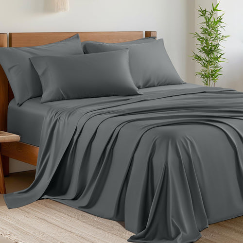 6 Piece King Sheet Sets, Cooling Sheets, Blend Rayon Derived from Bamboo, Deep Pocket up to 16", Breathable & Soft Bed Sheets, Hotel Silky Bedding Set, Dark Grey