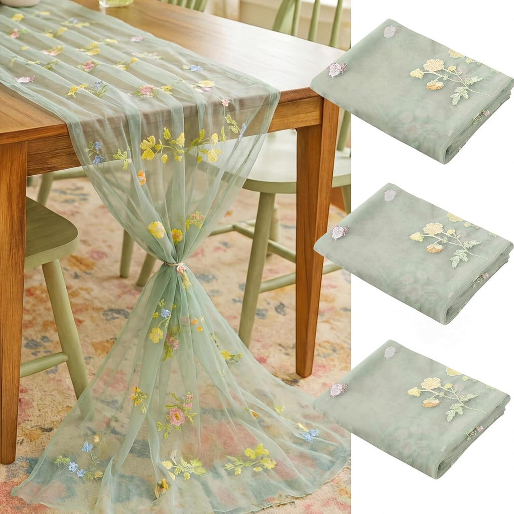 3 Pcs Sage Green Wildflower Table Runner 10Ft Embroidery Tulle Spring Floral Table Runner Seasonal Summer Butterfly Kitchen Dining Gauze Decoration for Wedding Baby Shower Birthday Party