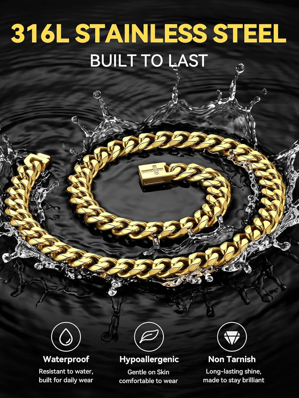 Mens Cuban Link Chain Necklace 6/9/12Mm, 18-30Inch, Stainless Steel/Black/Gold Plated with Blinged Out Cross Clasp, Hip Hop Chunky Jewelry for Men