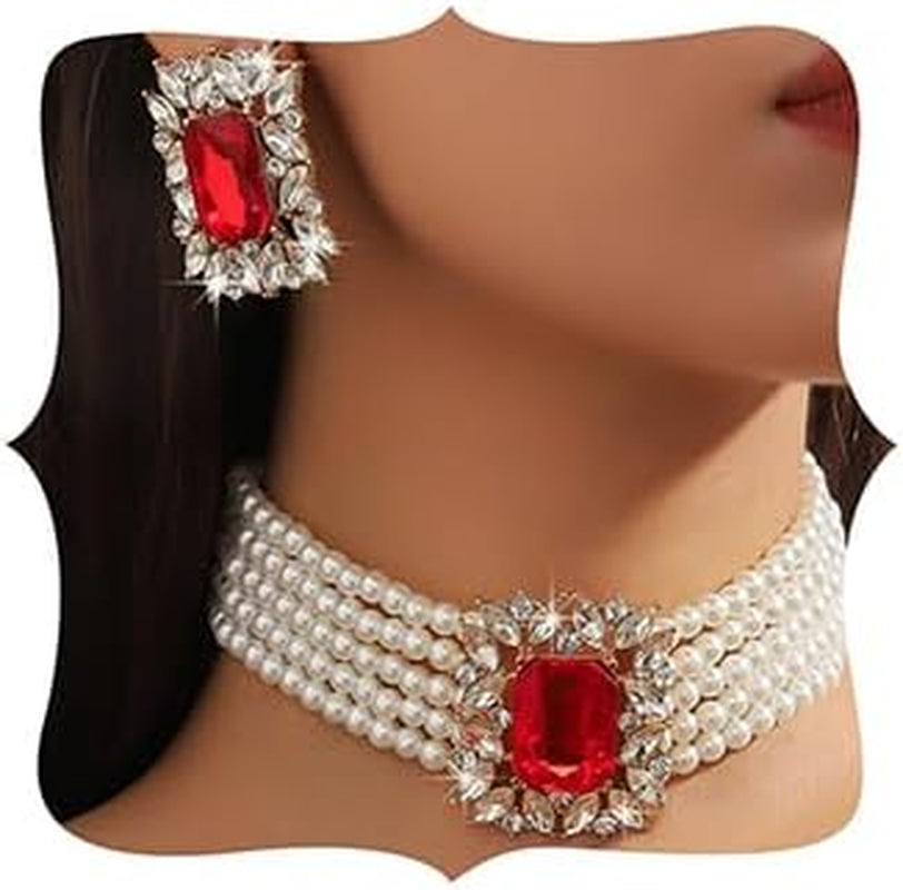 Fashion 1920S Bride Silver Black Green Bridal Layered Crystal Faux Pearls Necklace Earrings Set Crystal Large Wedding Jewelry Set Black Rhinestone Choker Necklace for Women