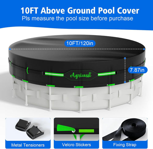 10Ft round Pool Cover for above Ground Pools, 420D Heavy Duty Solar Pool Cover with Windproof Strap Tensioner & Strips Fastener, Side Seamless Tear Resistant, Weatherproof & UV Resistant