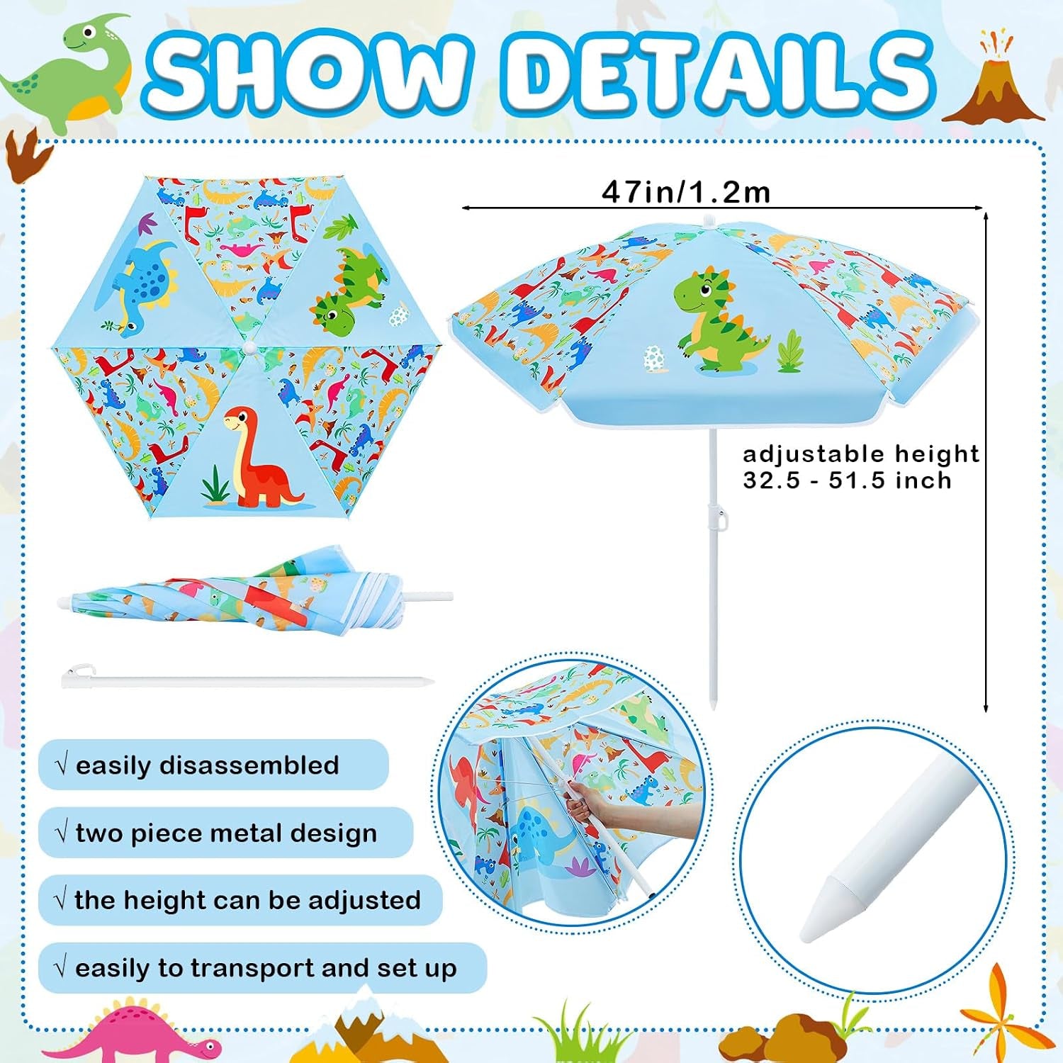 Water Table Umbrella (Table Not Included), Kids Seaside Beach Umbrella Picnic Canopy for Summer Toddlers Sand Beach Camping Garden Outdoor Pool Shade Party Supply(Dinosaur Theme)