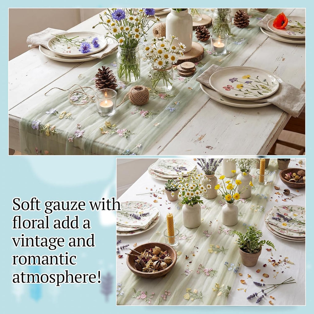 3 Pcs Sage Green Wildflower Table Runner 10Ft Embroidery Tulle Spring Floral Table Runner Seasonal Summer Butterfly Kitchen Dining Gauze Decoration for Wedding Baby Shower Birthday Party