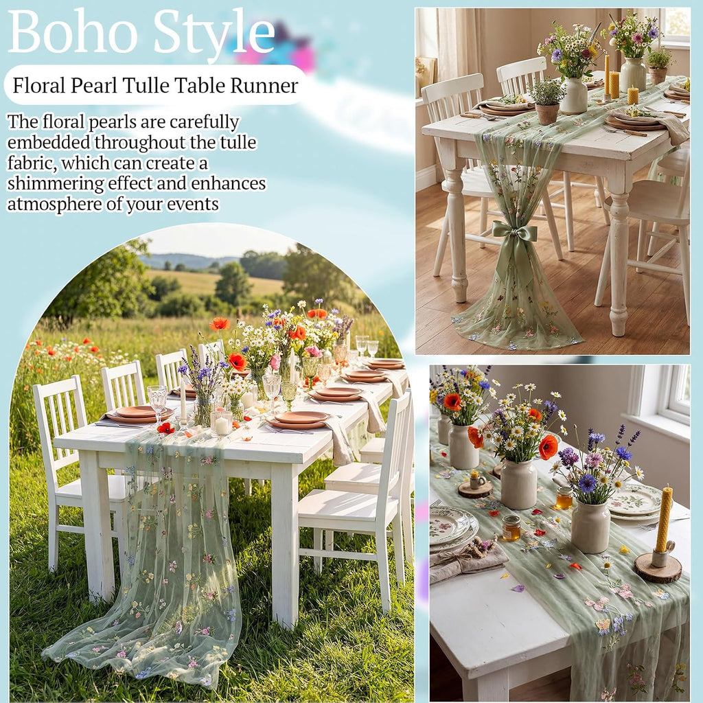 3 Pcs Sage Green Wildflower Table Runner 10Ft Embroidery Tulle Spring Floral Table Runner Seasonal Summer Butterfly Kitchen Dining Gauze Decoration for Wedding Baby Shower Birthday Party
