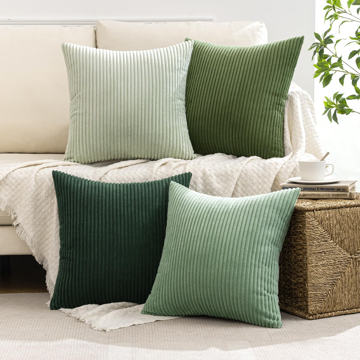 Boho Farmhouse Sage Green Throw Pillow Covers 18X18 Inch Set of 4 Mordern Nordic Cushion Covers Soft Corduroy Spring Home Decor for Couch Bed Sofa Living Room Forest Green