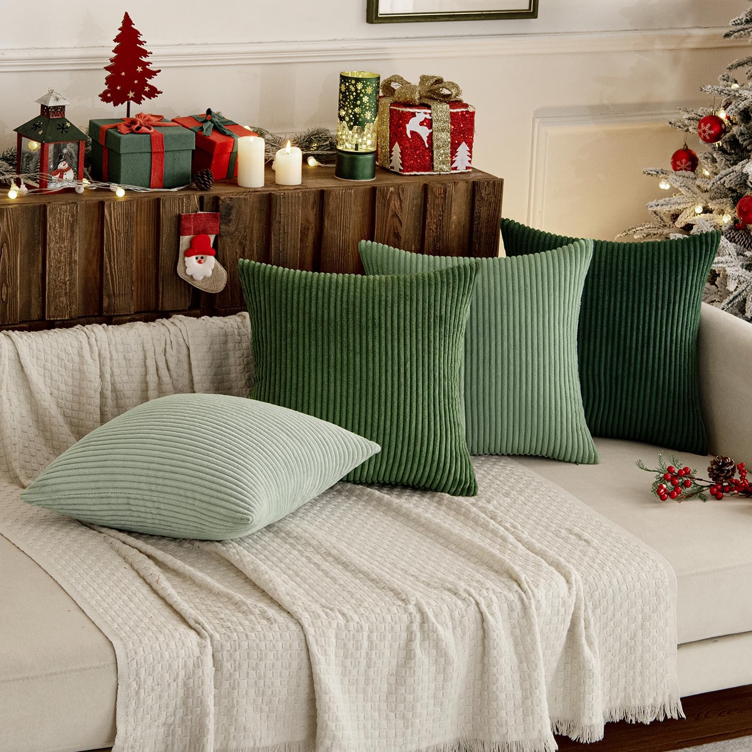 Boho Farmhouse Sage Green Throw Pillow Covers 18X18 Inch Set of 4 Mordern Nordic Cushion Covers Soft Corduroy Spring Home Decor for Couch Bed Sofa Living Room Forest Green