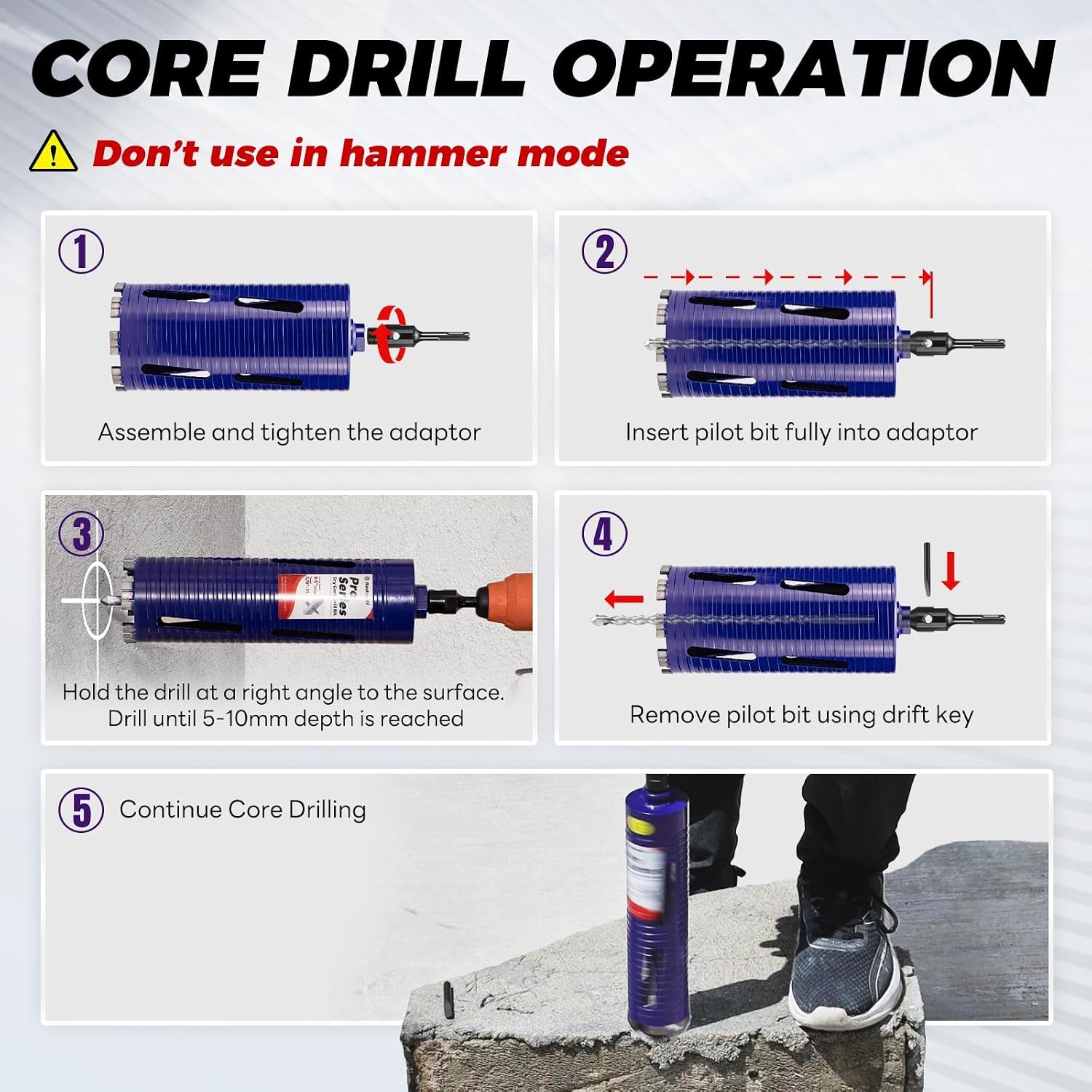1-1/4" Core Drill Bit with Pilot Bit & Adapters(Sds plus and 1/2" Hex), 5/8"-11 Thread, 9.5" Depth, Upgraded-Welded Segments Diamond Core Bits for Concrete, Masonry, Brick, Stone