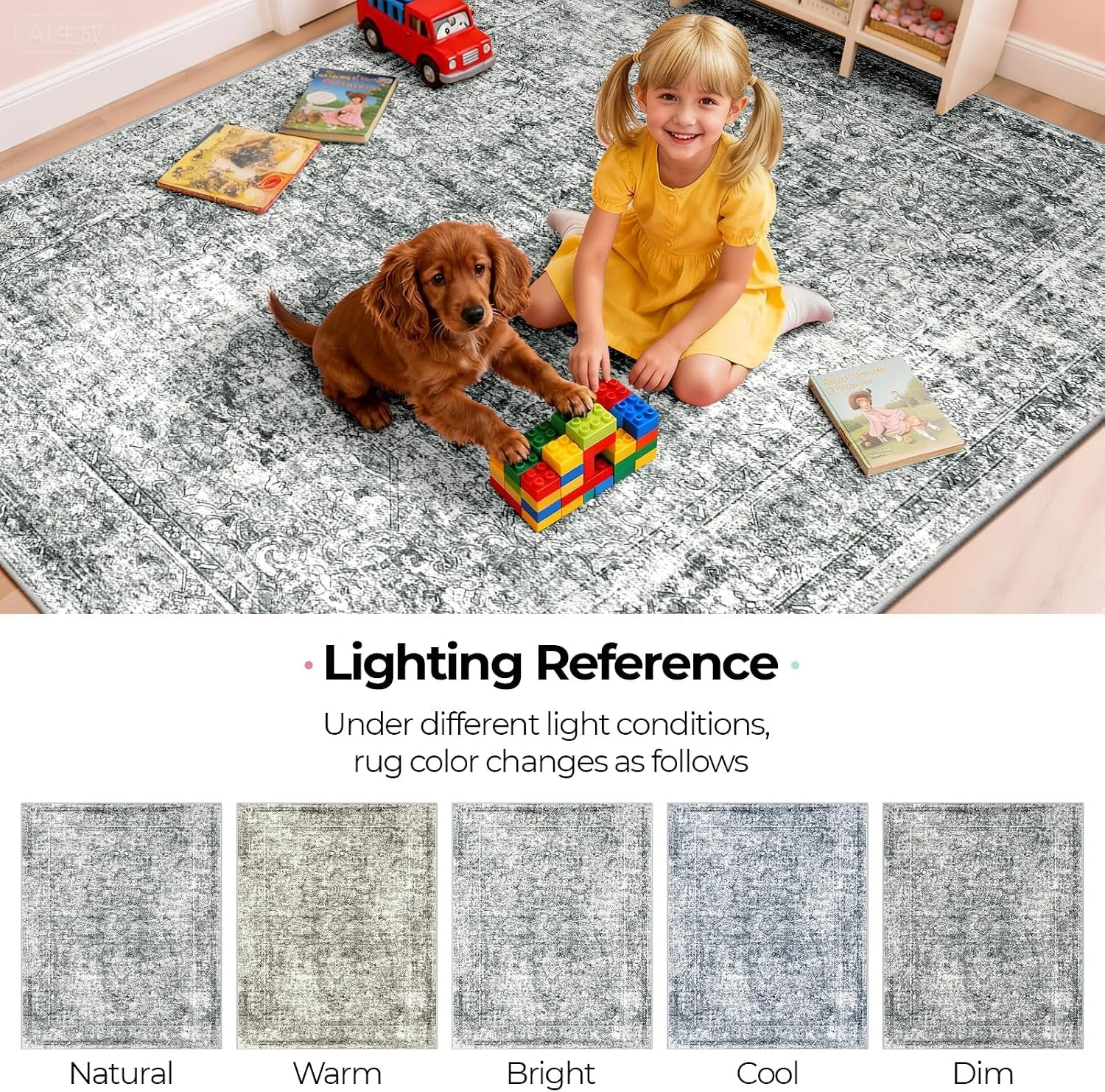 7X9 Washable Nursery Girls Low Pile Area Rug Grey | Non-Slip Soft Rugs for Bedroom Kids Playroom Living Room, Print Pattern Water Repellent Carpet Indoor Decor