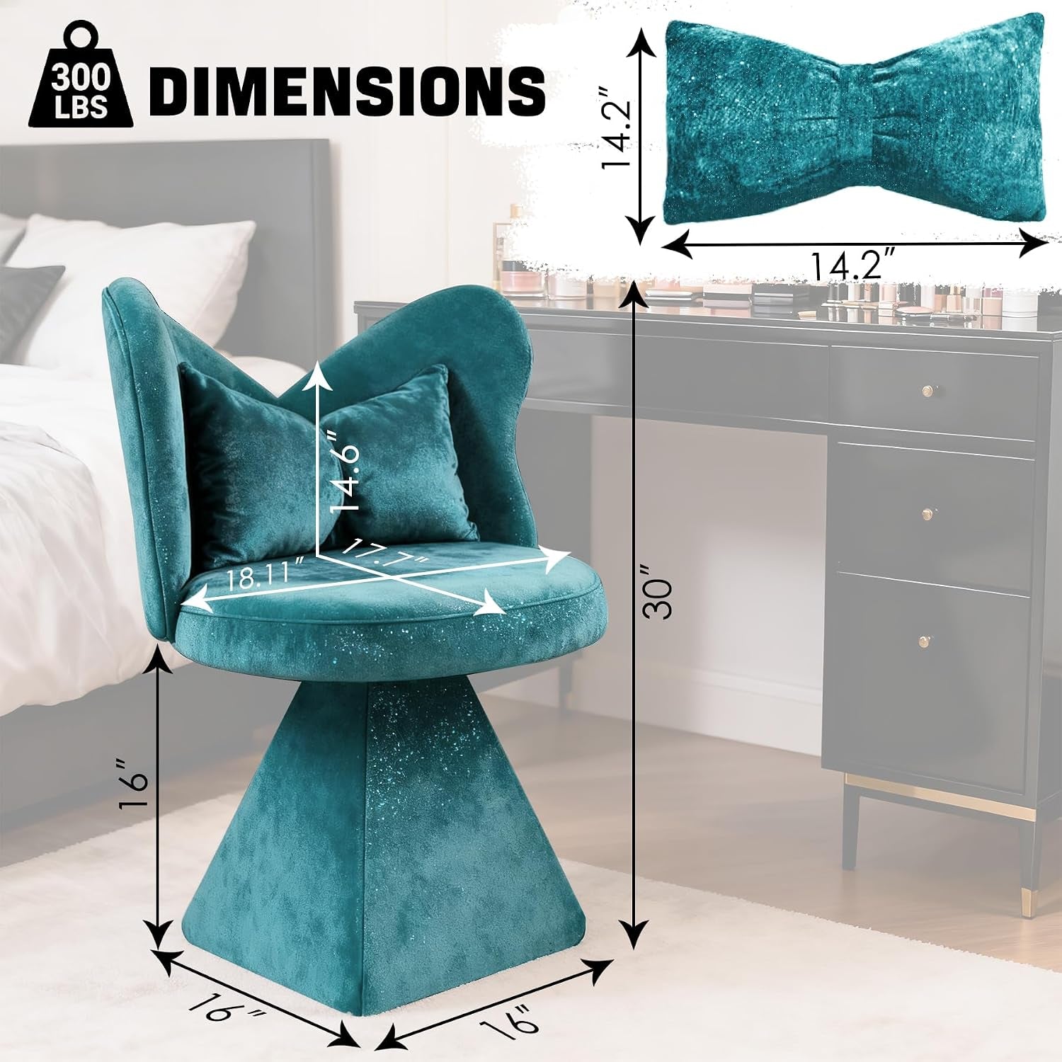 Chenille Vanity Chair with Butterfly Back, 360° Swivel Armless Accent Chair, Upholstered Single Sofa Chair for Living Room, Bedroom, Dining, or Vanity, Blue